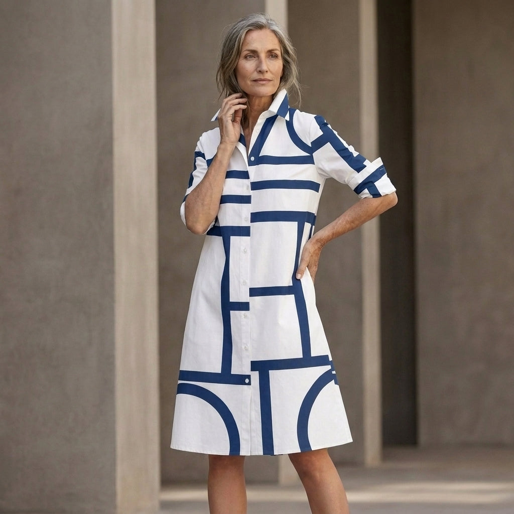 Relaxed Geometric Print Shirt Midi Dress with Pockets