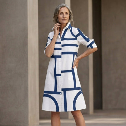Relaxed Geometric Print Shirt Midi Dress with Pockets