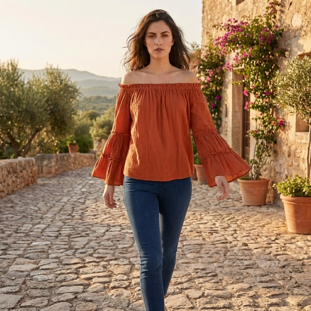 Bohemian Off-the-Shoulder Blouse with Tiered Bell Sleeves