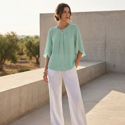 Elegant Loose Blouse with Pleated Neckline and Draped Sleeves