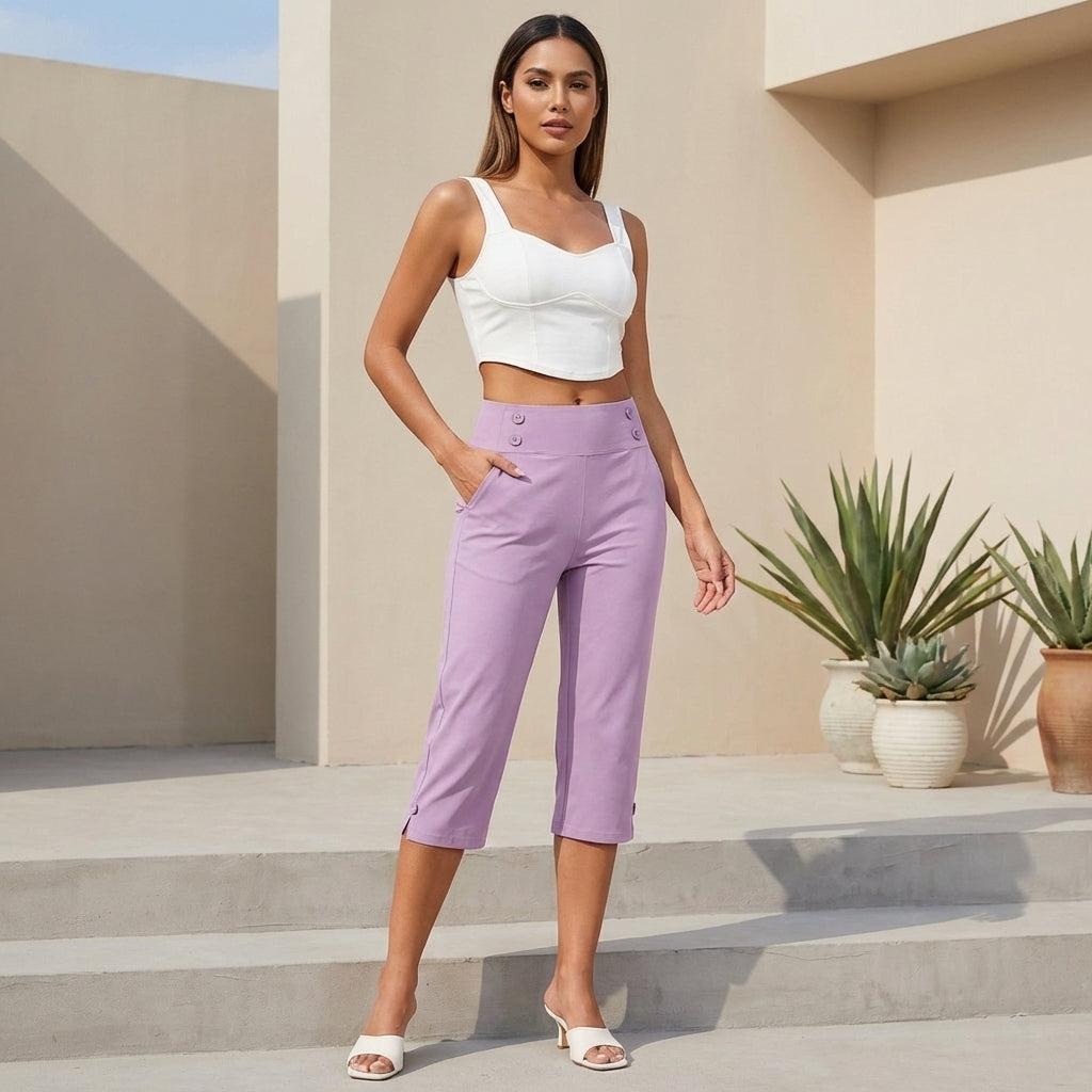 High-Waisted Tapered Capri Pants with Button Detail and Side Pockets