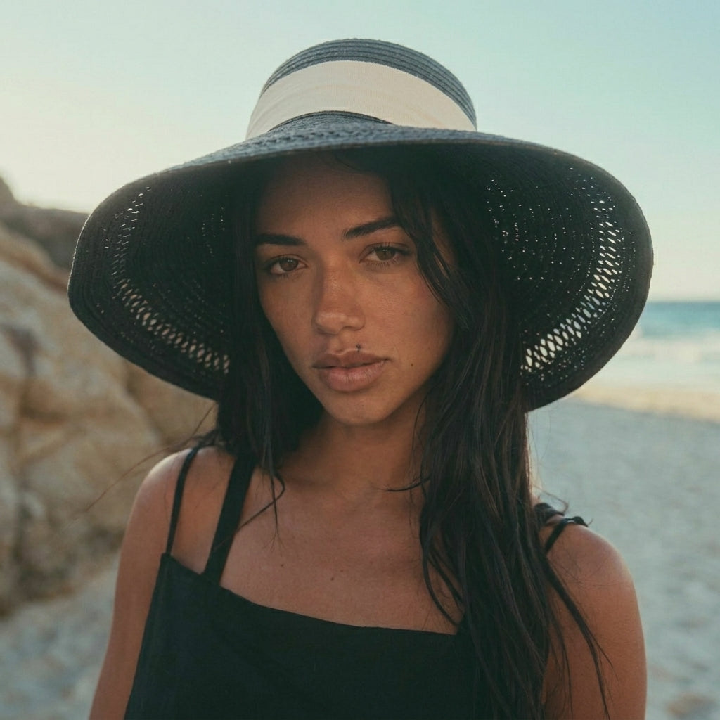 Structured Wide Brim Sun Hat with Open-Weave Mesh and Ribbon Band