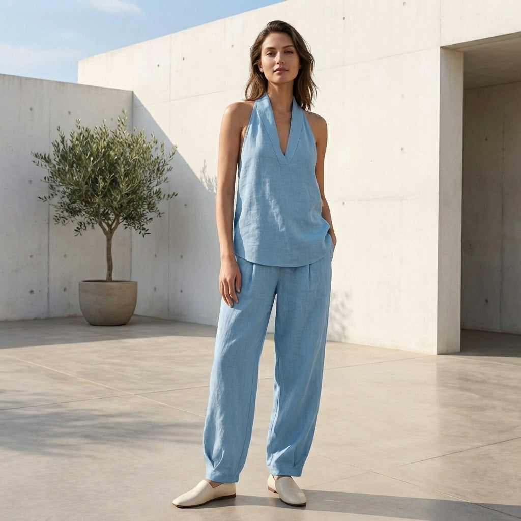 Lightweight Two-Piece Halter V-Neck Suit with Wide-Leg Trousers
