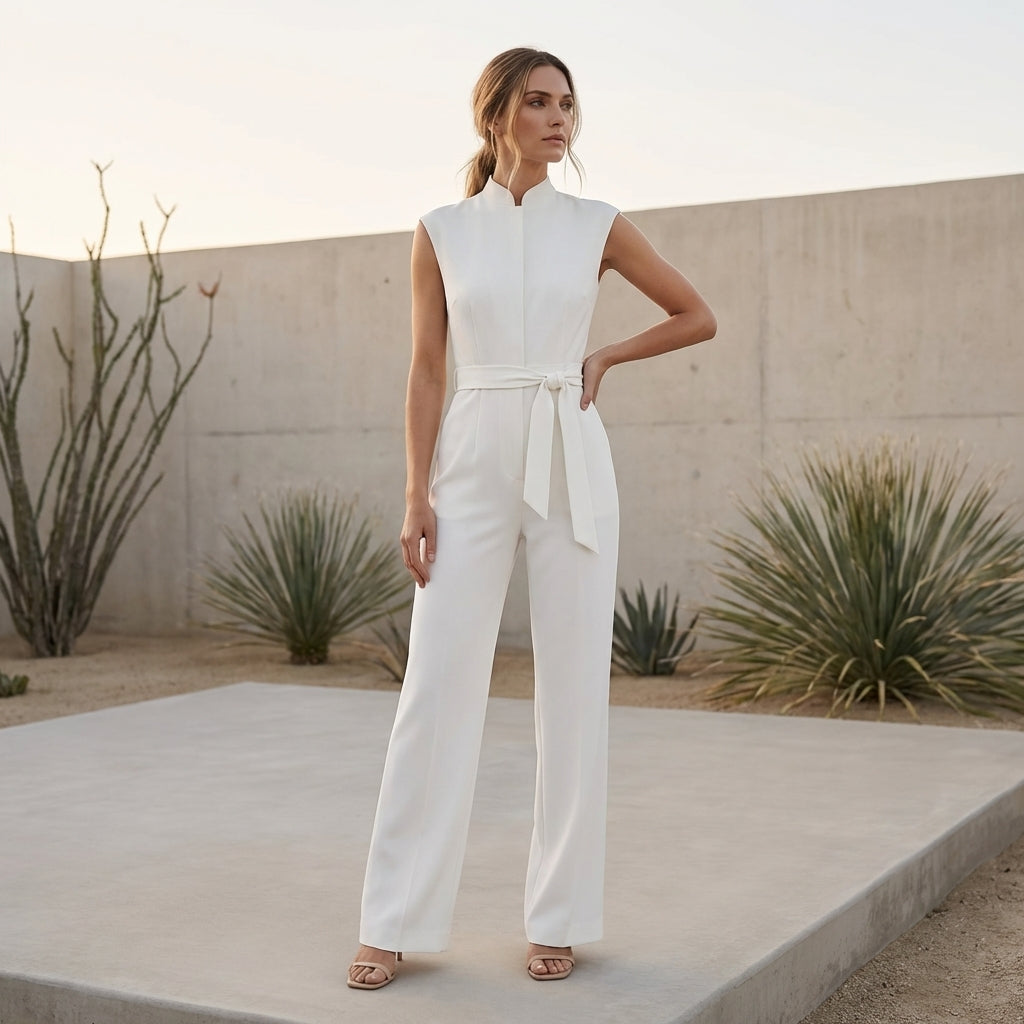 Tailored Wide-Leg Ankle-Length Jumpsuit with Mock Neck and Belt