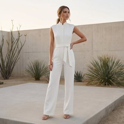 Tailored Wide-Leg Ankle-Length Jumpsuit with Mock Neck and Belt