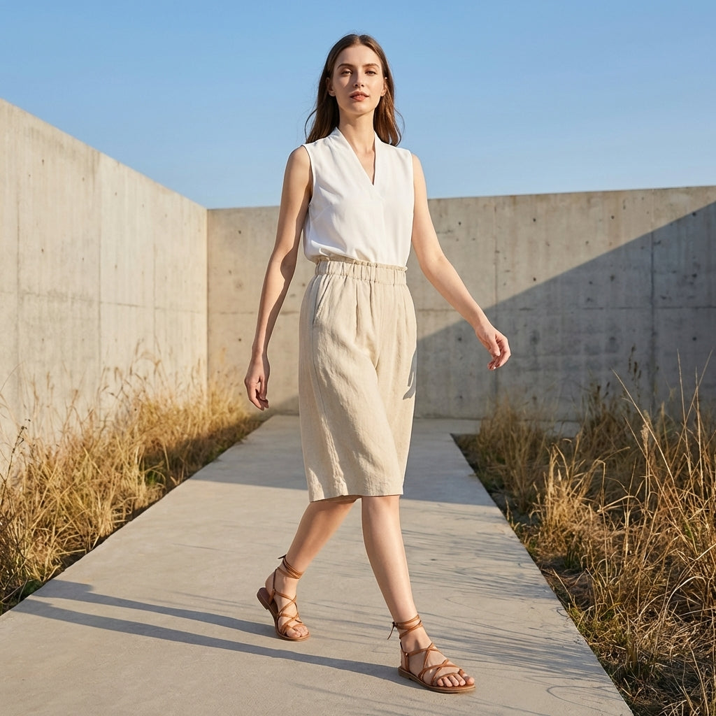 Relaxed Wide-Leg Shorts with Gathered Waistband and Pockets