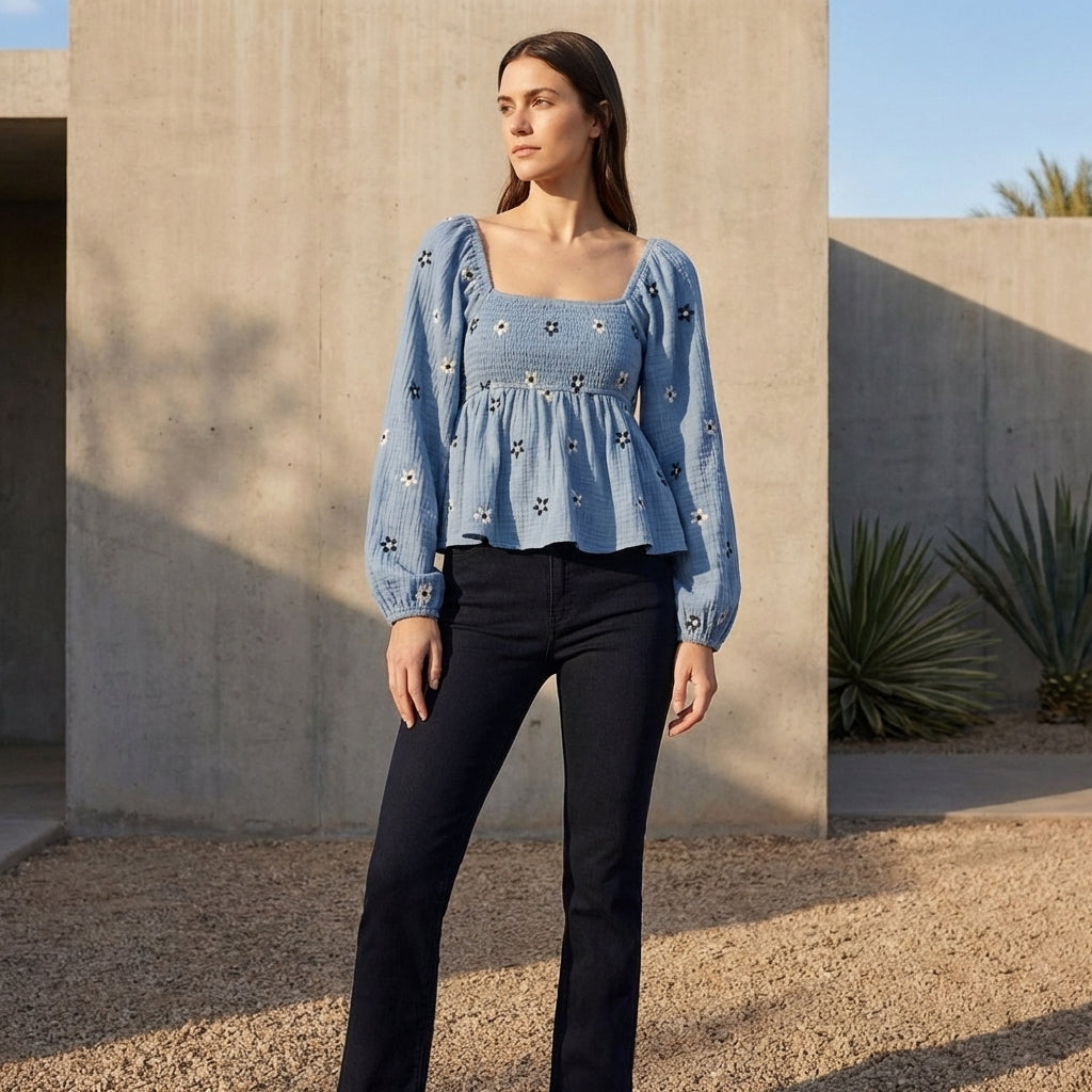 Bohemian-Inspired Peplum Top with Smocked Bodice and Embroidered Detail