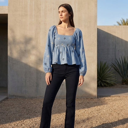 Bohemian-Inspired Peplum Top with Smocked Bodice and Embroidered Detail
