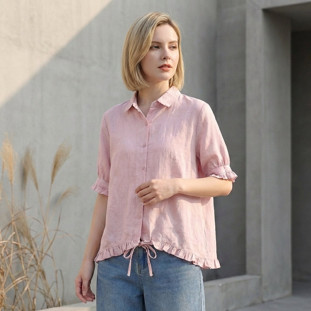 Relaxed Boxy Button-Front Blouse with Ruffled Cuffs and Hemline