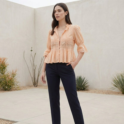 Flowing Bohemian Babydoll Blouse with Lace Insets and Ruffle Trim