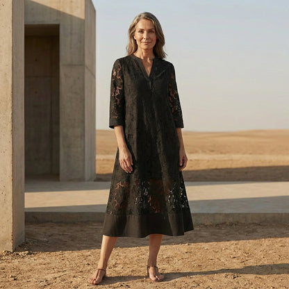 Alice A-Line Lace Midi Dress with Notched V-Neck and Sheer Accents