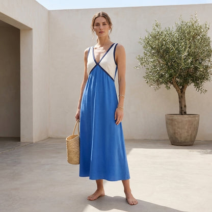 Elevated Color-Blocked Maxi Dress with Deep V-Neck and Draped Silhouette