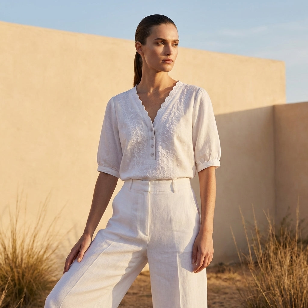 Chloe Relaxed V-Neck Blouse with Embroidered Yoke and Scalloped Detail