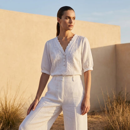 Chloe Relaxed V-Neck Blouse with Embroidered Yoke and Scalloped Detail