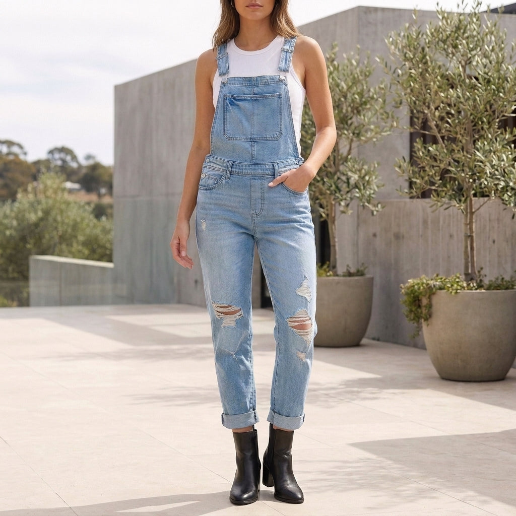Slim Tapered Distressed Overalls with Adjustable Buckle Straps