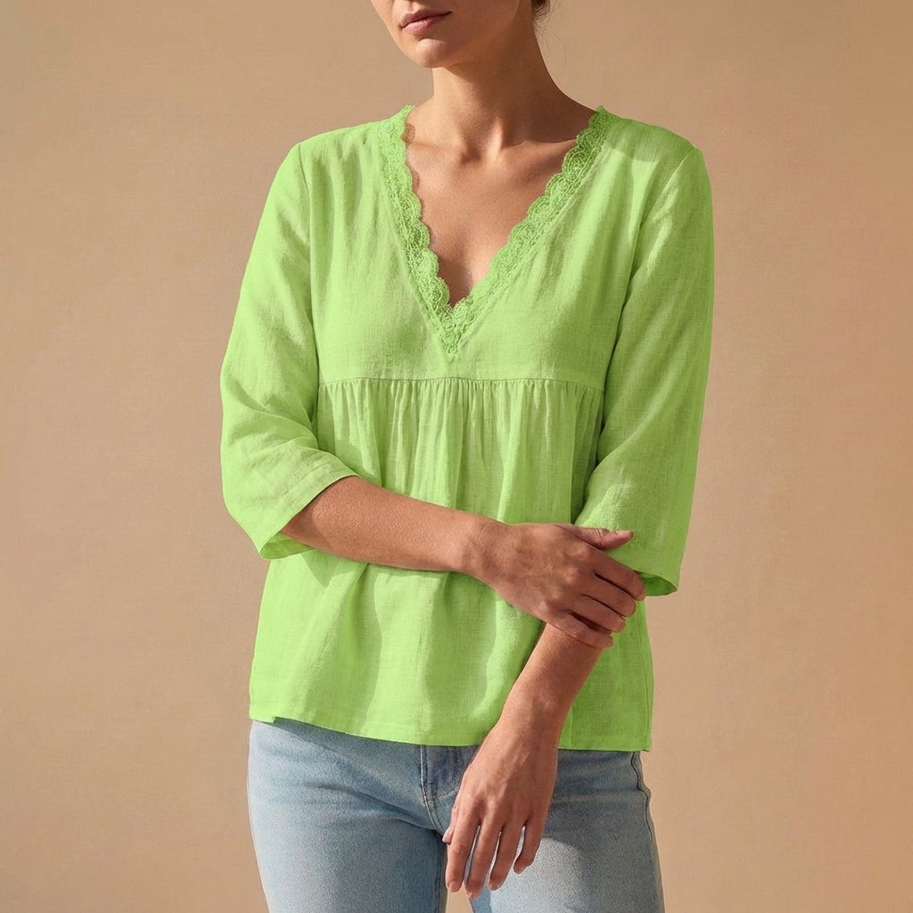 Lace-Trim V-Neck Pullover Top with Empire Waist and Flared Hem