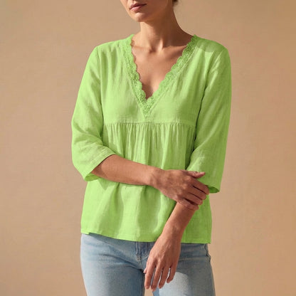Lace-Trim V-Neck Pullover Top with Empire Waist and Flared Hem