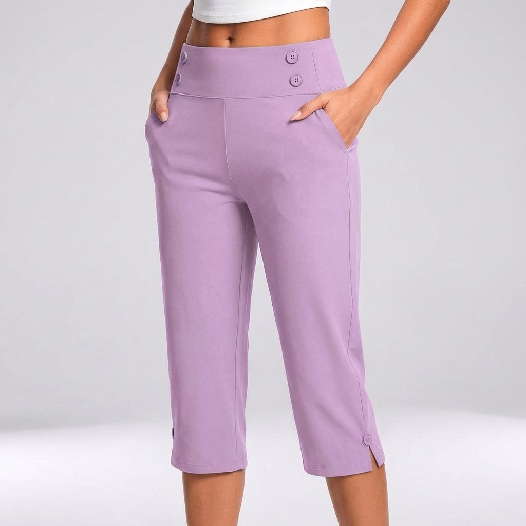 High-Waisted Tapered Capri Pants with Button Detail and Side Pockets