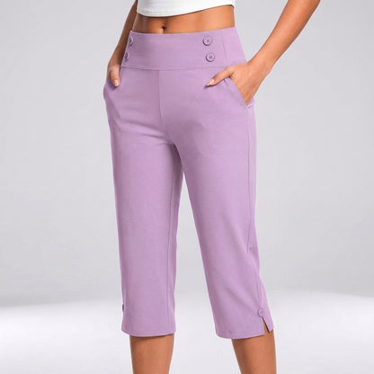 High-Waisted Tapered Capri Pants with Button Detail and Side Pockets