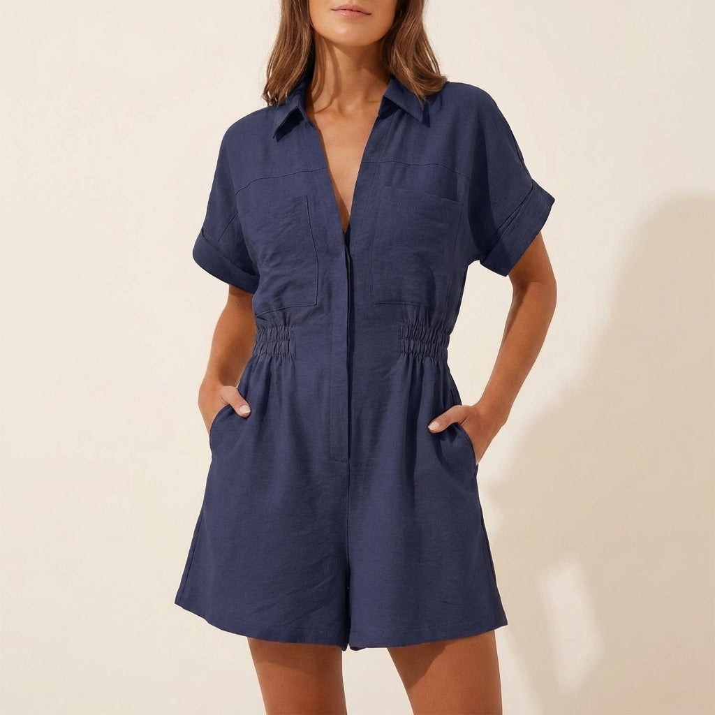 Relaxed Wide-Leg Utility Romper with Collared V-Neck and Pockets