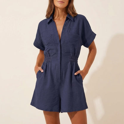 Relaxed Wide-Leg Utility Romper with Collared V-Neck and Pockets