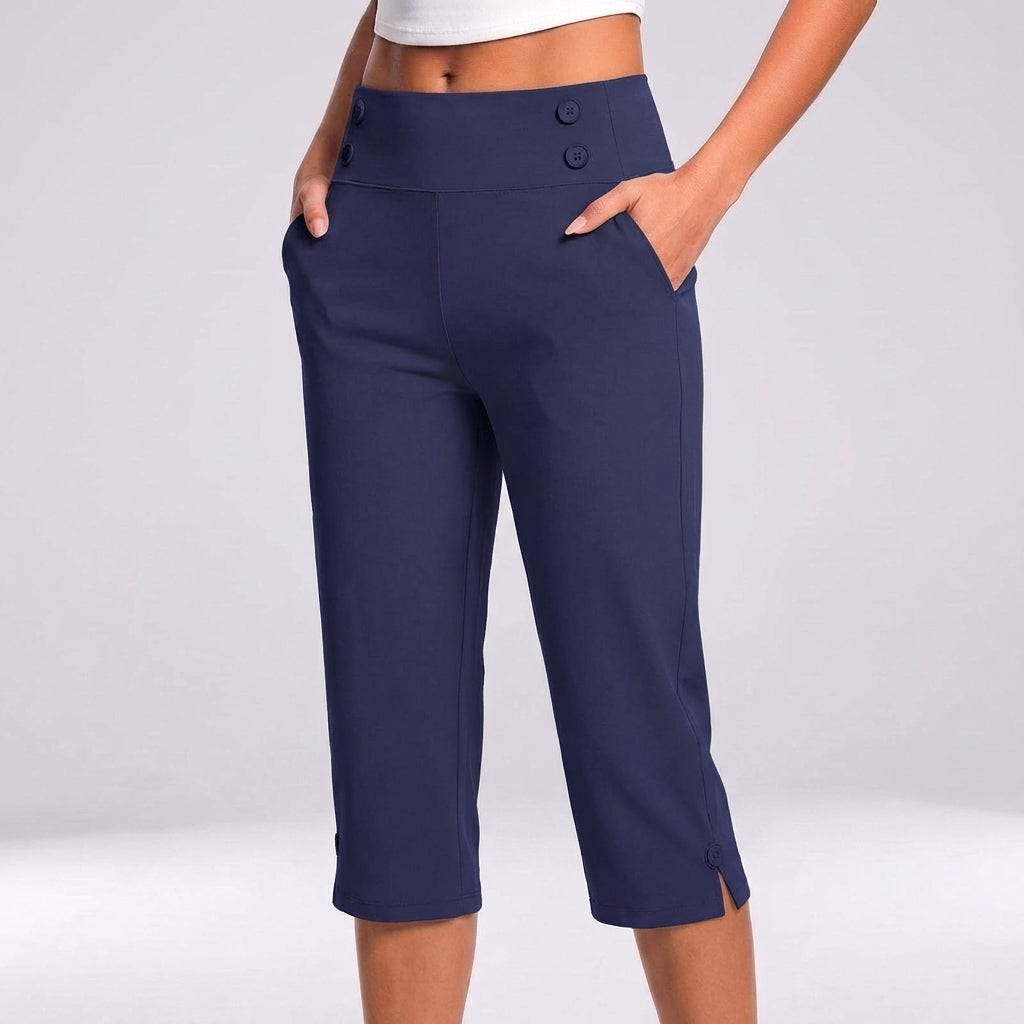 High-Waisted Tapered Capri Pants with Button Detail and Side Pockets