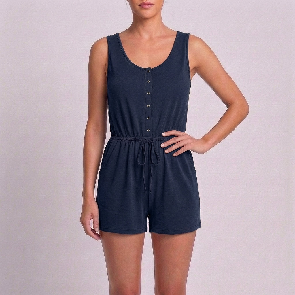 Effortless Sleeveless Romper with Drawstring Waist and Button Front