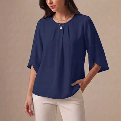 Elegant Loose Blouse with Pleated Neckline and Draped Sleeves