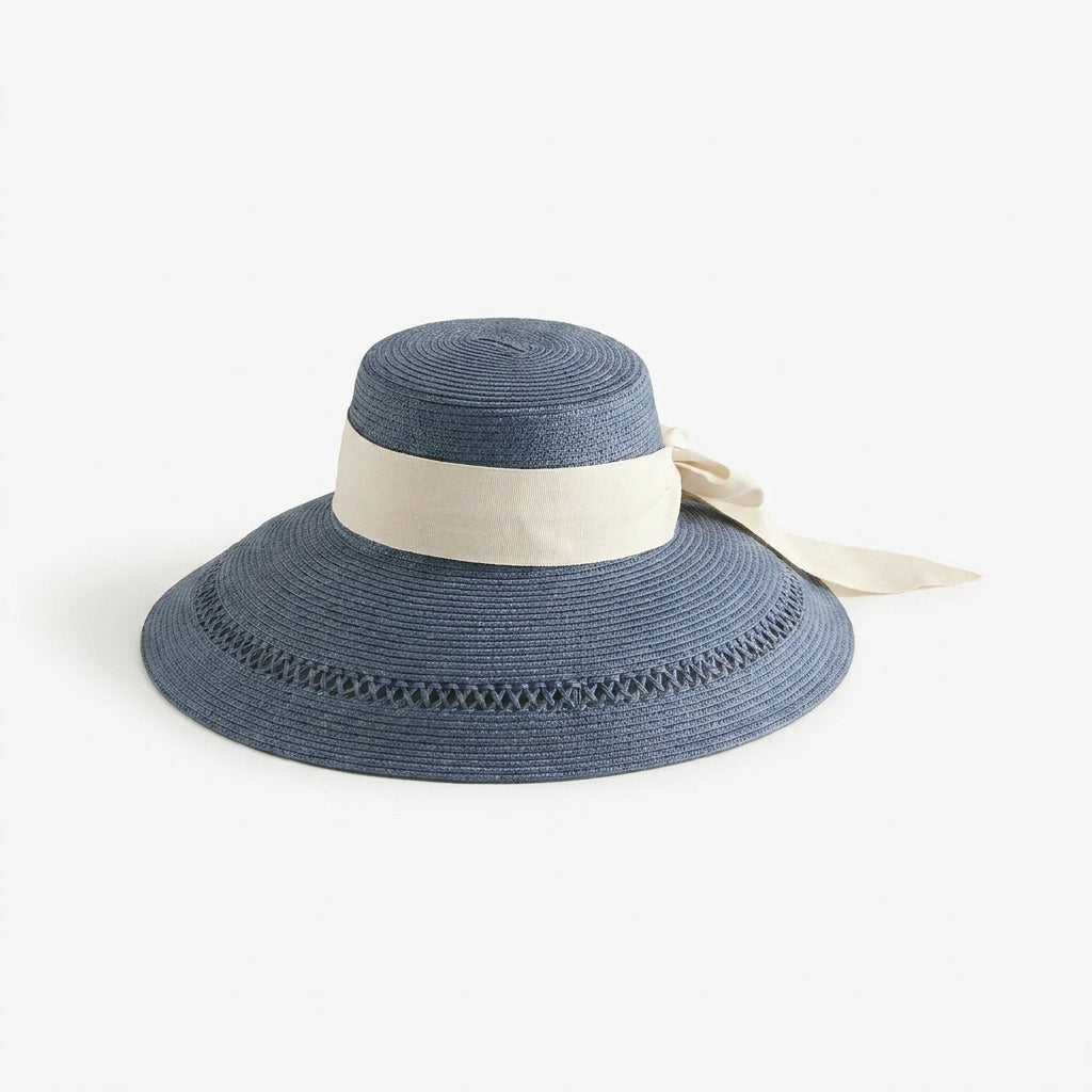 Structured Wide Brim Sun Hat with Open-Weave Mesh and Ribbon Band