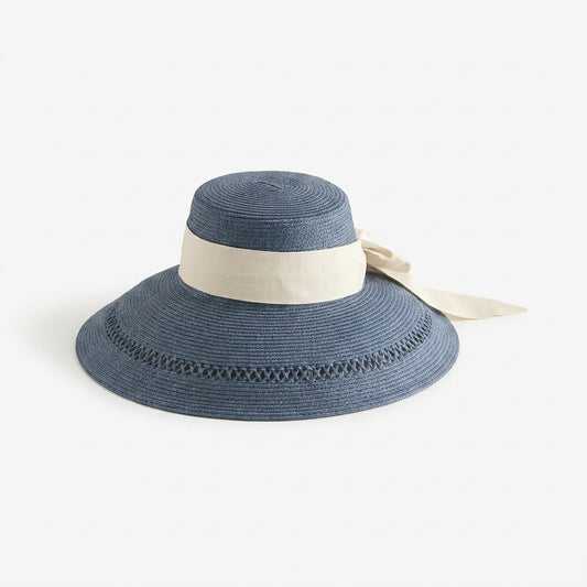 Structured Wide Brim Sun Hat with Open-Weave Mesh and Ribbon Band