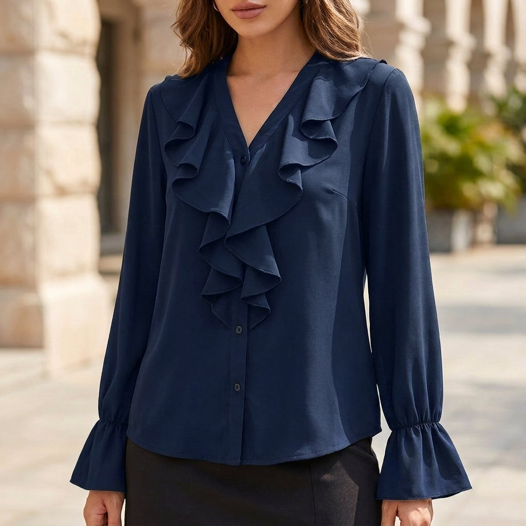 Elegant Ruffled Button-Down Blouse with Jabot Collar and Flared Cuffs