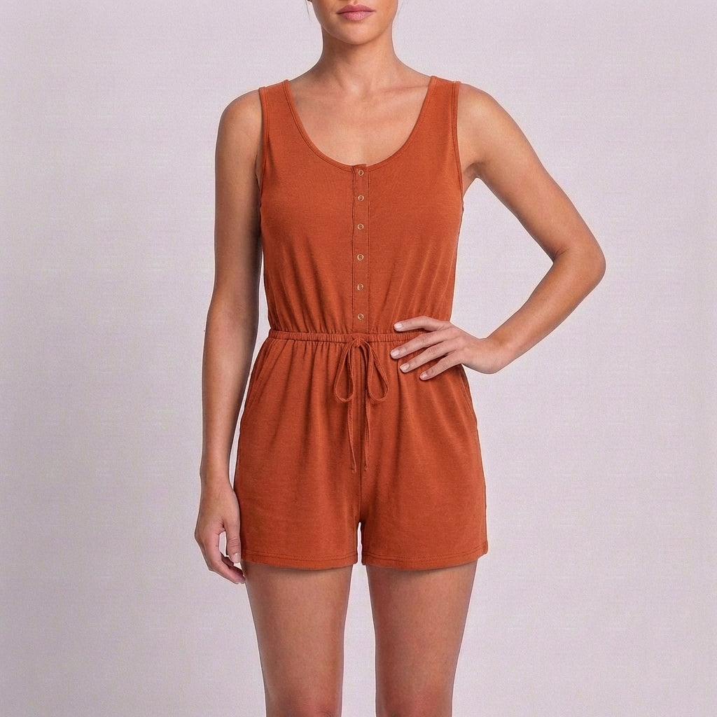 Effortless Sleeveless Romper with Drawstring Waist and Button Front