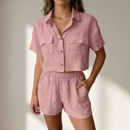 Relaxed Collared Two-Piece Shorts Set in Lightweight Textured Woven Fabric