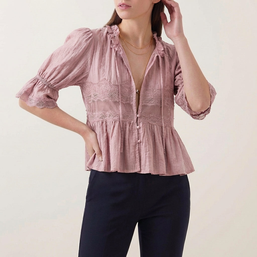Flowing Bohemian Babydoll Blouse with Lace Insets and Ruffle Trim