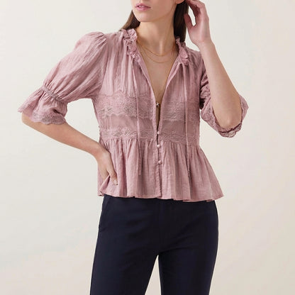 Flowing Bohemian Babydoll Blouse with Lace Insets and Ruffle Trim
