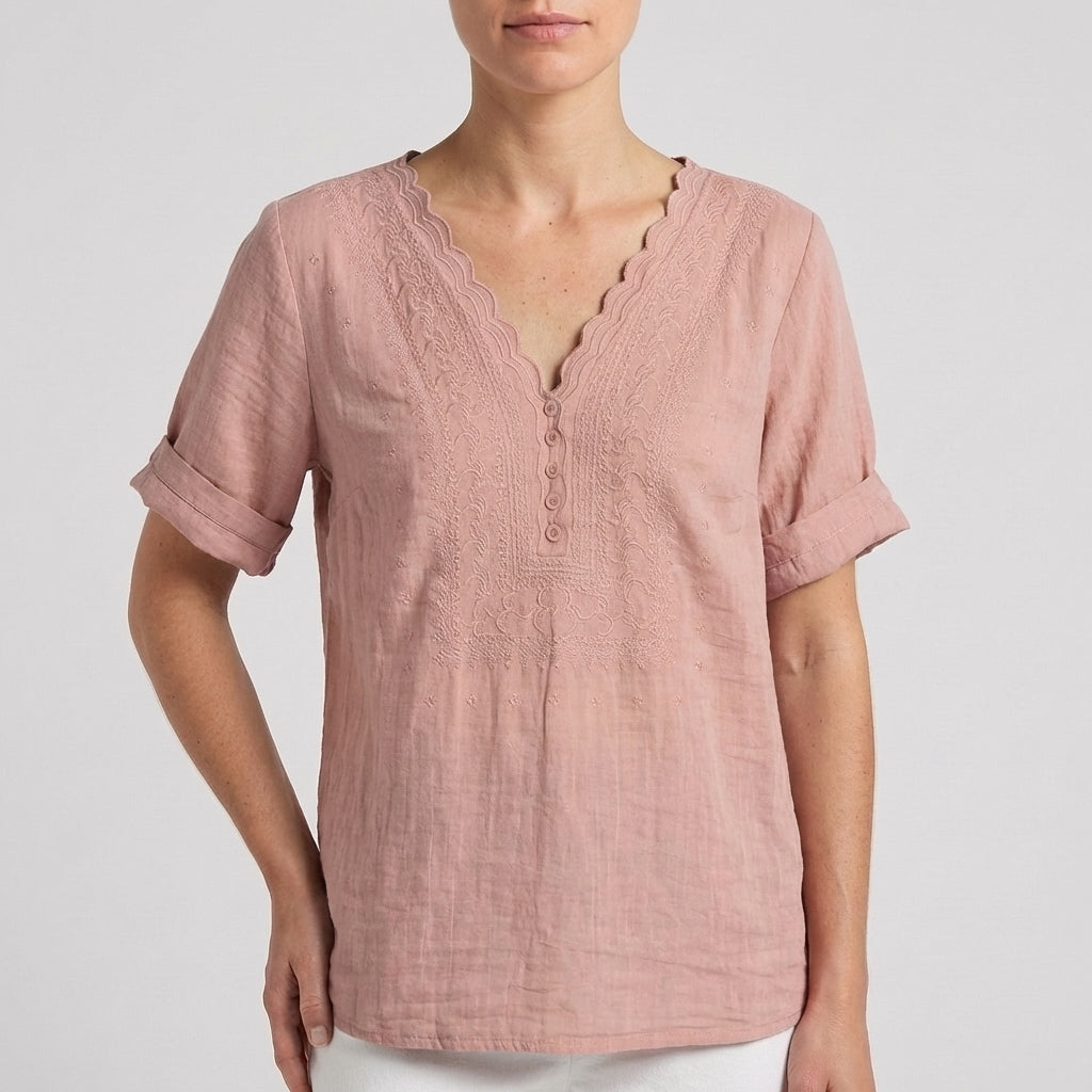 Chloe Relaxed V-Neck Blouse with Embroidered Yoke and Scalloped Detail