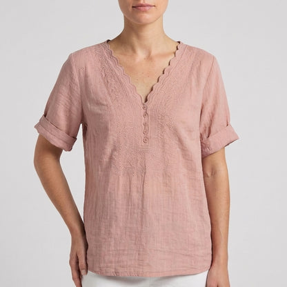 Chloe Relaxed V-Neck Blouse with Embroidered Yoke and Scalloped Detail