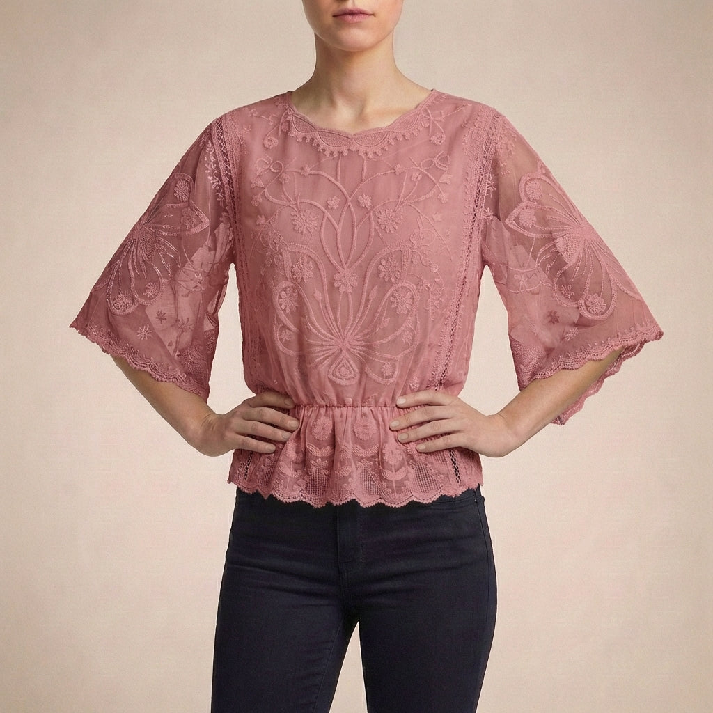 Boho-Chic Embroidered Sheer Mesh Blouse with Flared Sleeves