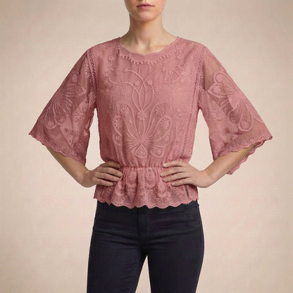 Boho-Chic Embroidered Sheer Mesh Blouse with Flared Sleeves