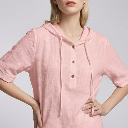Amelia Relaxed Hooded Blouse with Drawstring and High-Low Hem