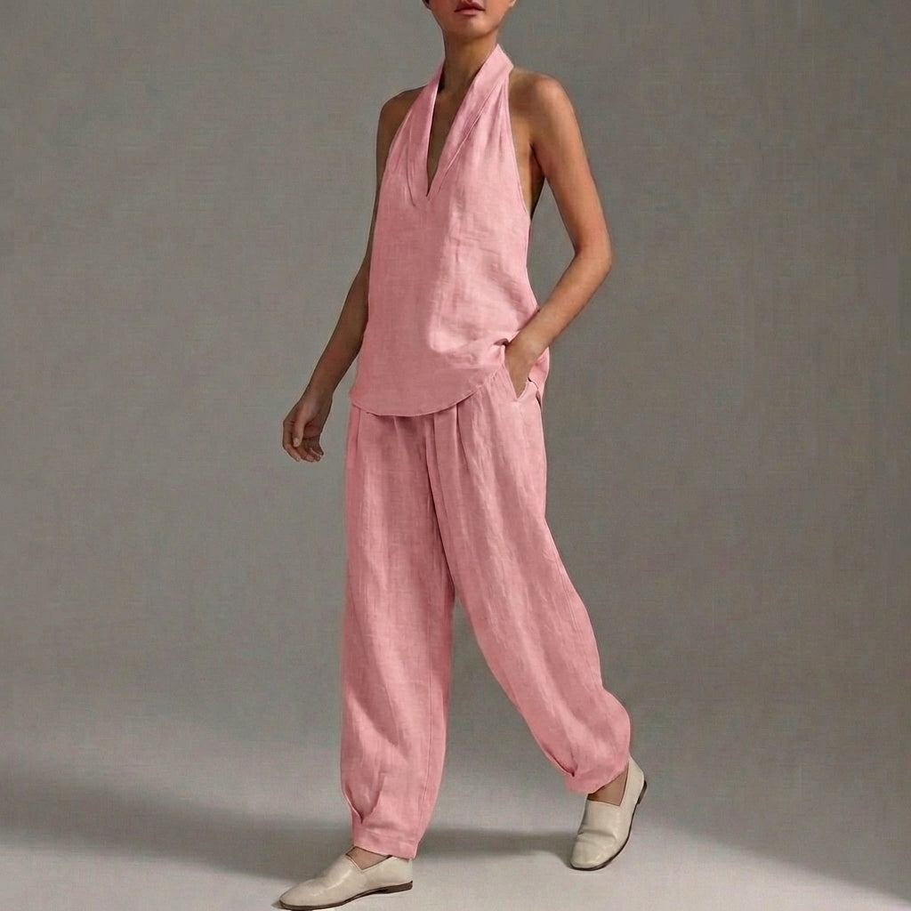 Lightweight Two-Piece Halter V-Neck Suit with Wide-Leg Trousers