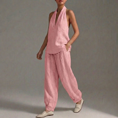 Lightweight Two-Piece Halter V-Neck Suit with Wide-Leg Trousers
