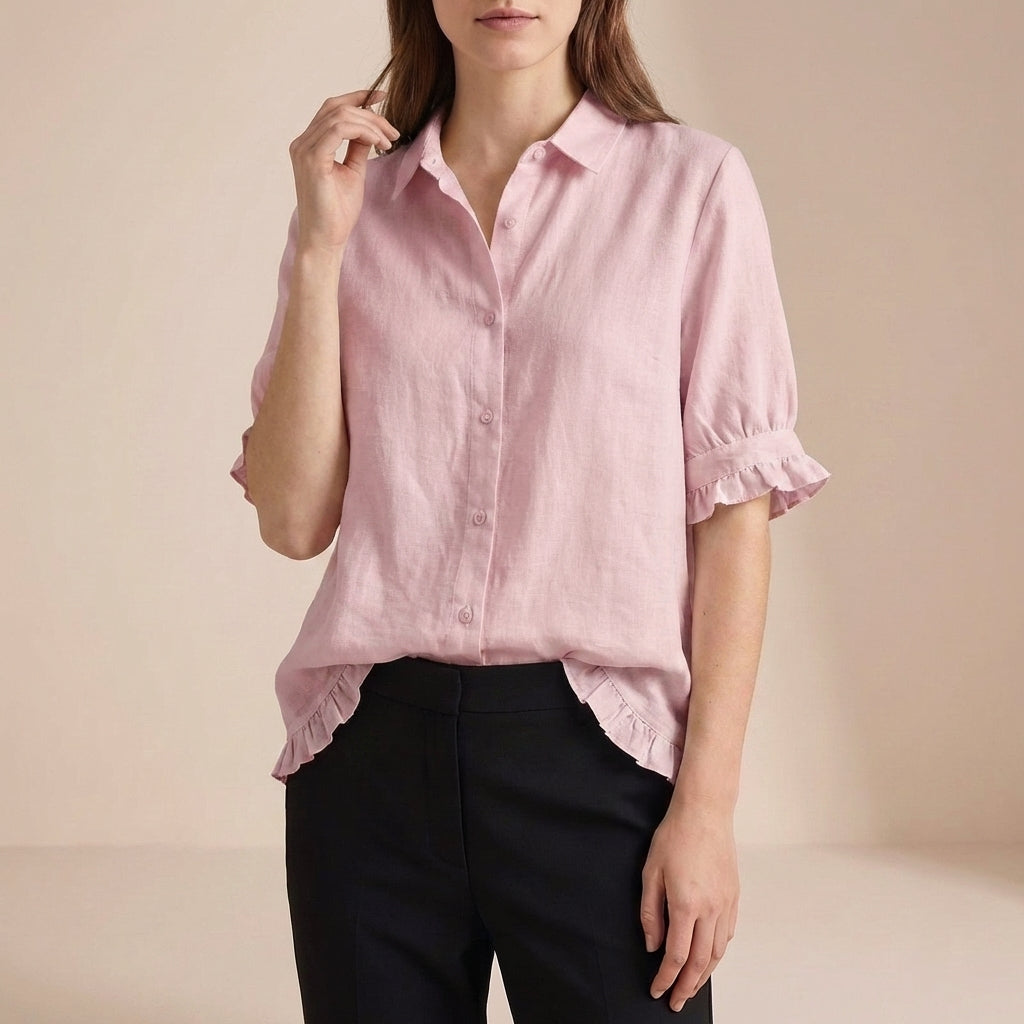 Relaxed Boxy Button-Front Blouse with Ruffled Cuffs and Hemline