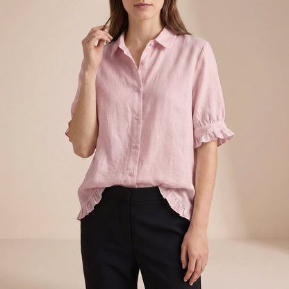 Relaxed Boxy Button-Front Blouse with Ruffled Cuffs and Hemline