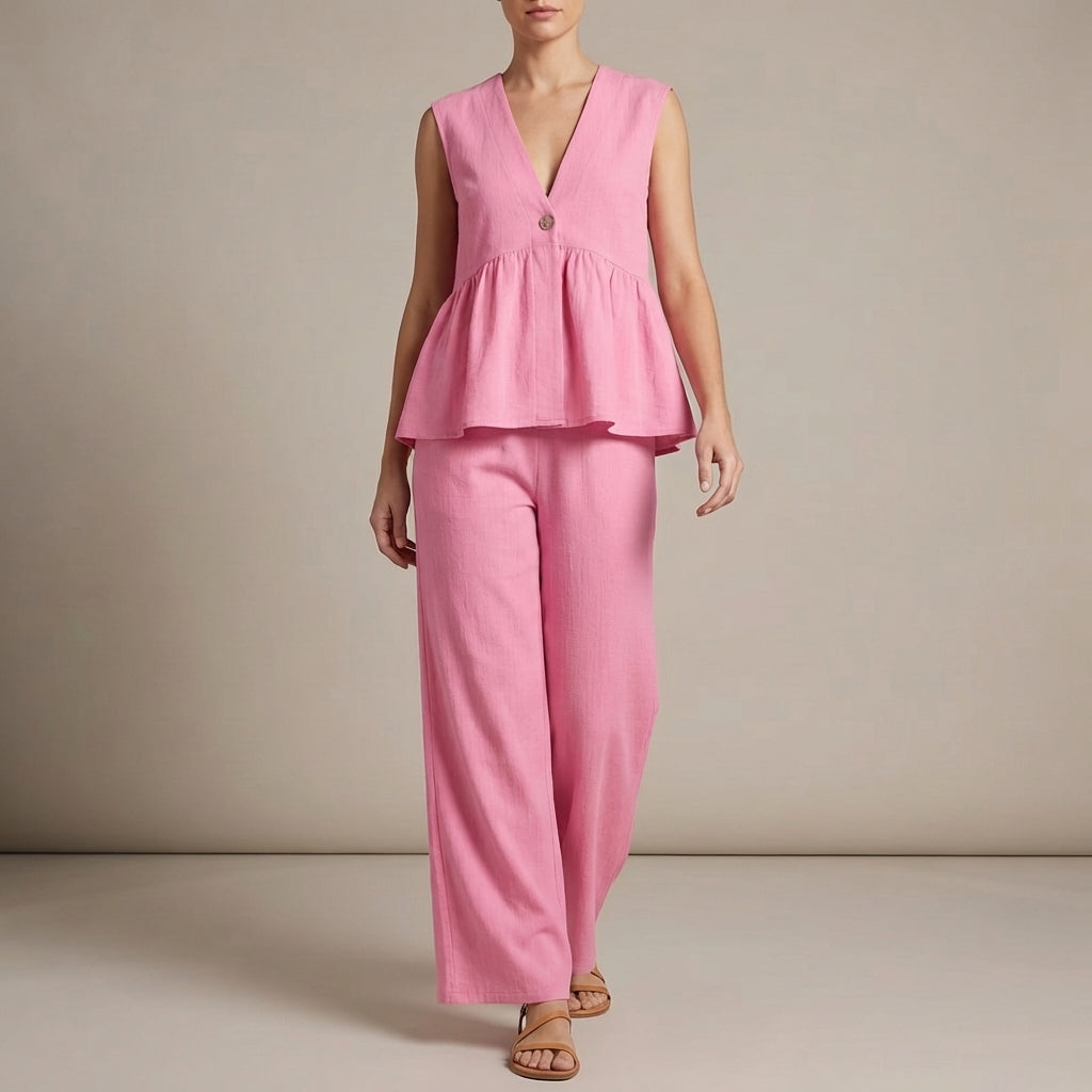 Lightweight Textured Two-Piece Set with Peplum Top and Wide-Leg Pants