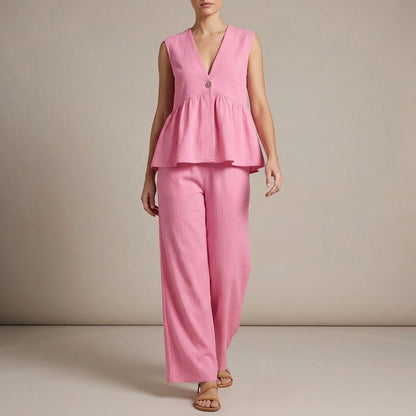 Lightweight Textured Two-Piece Set with Peplum Top and Wide-Leg Pants