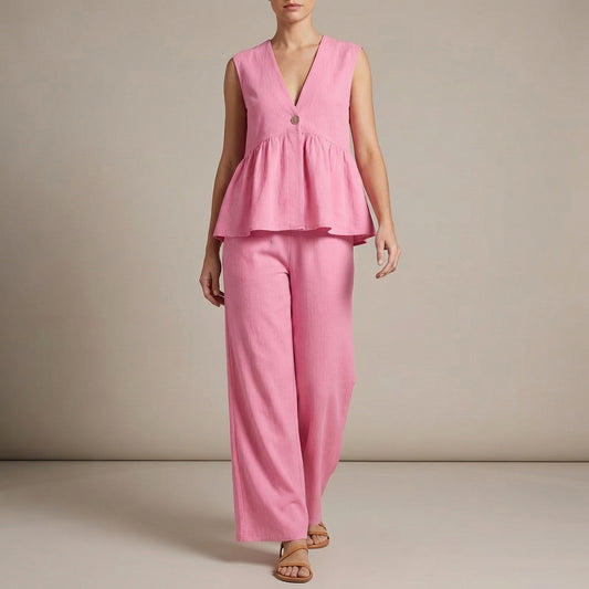 Lightweight Textured Two-Piece Set with Peplum Top and Wide-Leg Pants