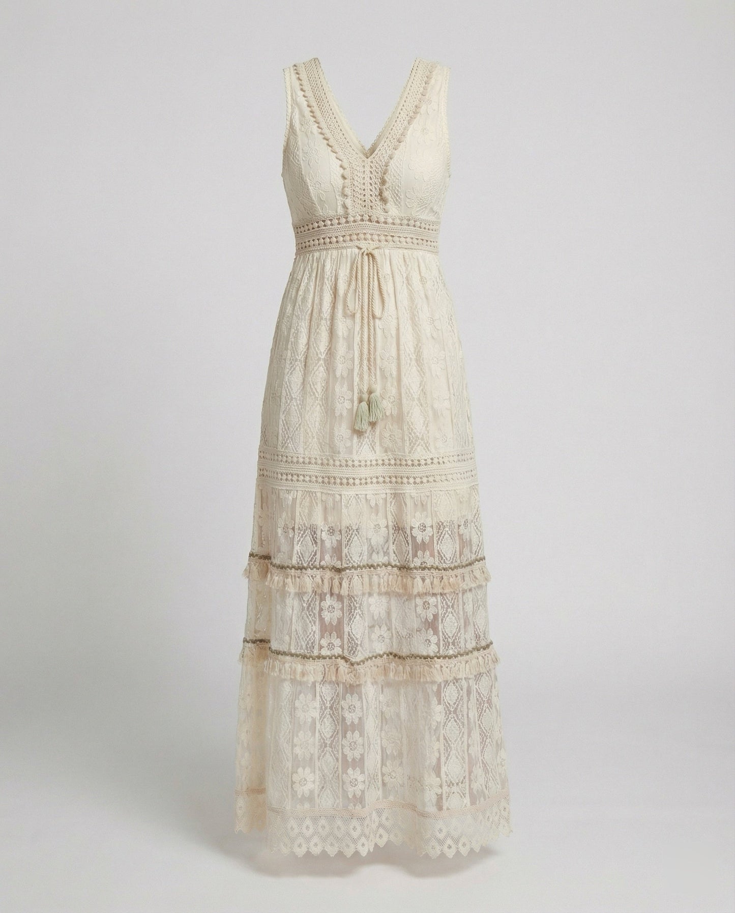 Bohemian Lace Maxi Dress with Tiered Skirt and Tassel Waist