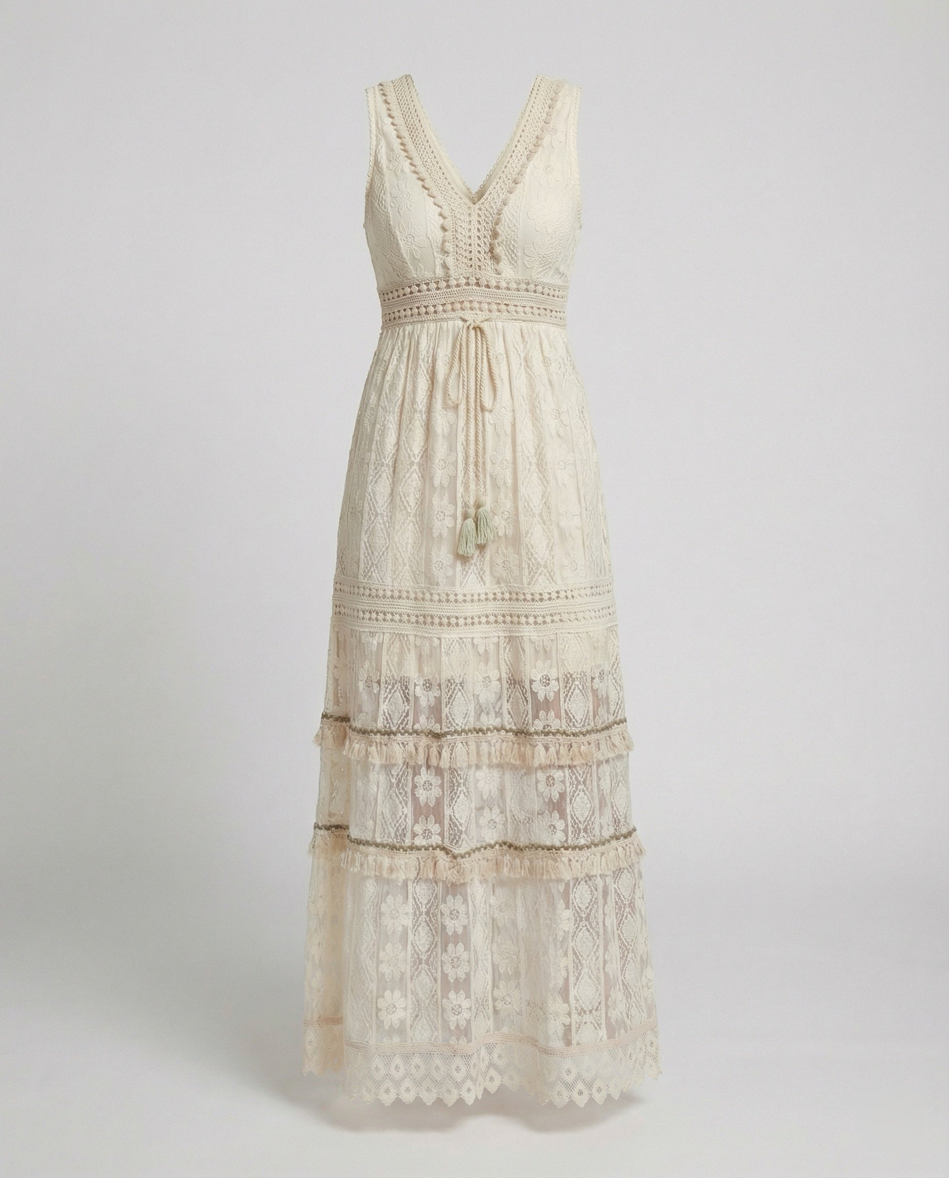 Bohemian Lace Maxi Dress with Tiered Skirt and Tassel Waist