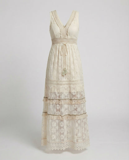 Bohemian Lace Maxi Dress with Tiered Skirt and Tassel Waist